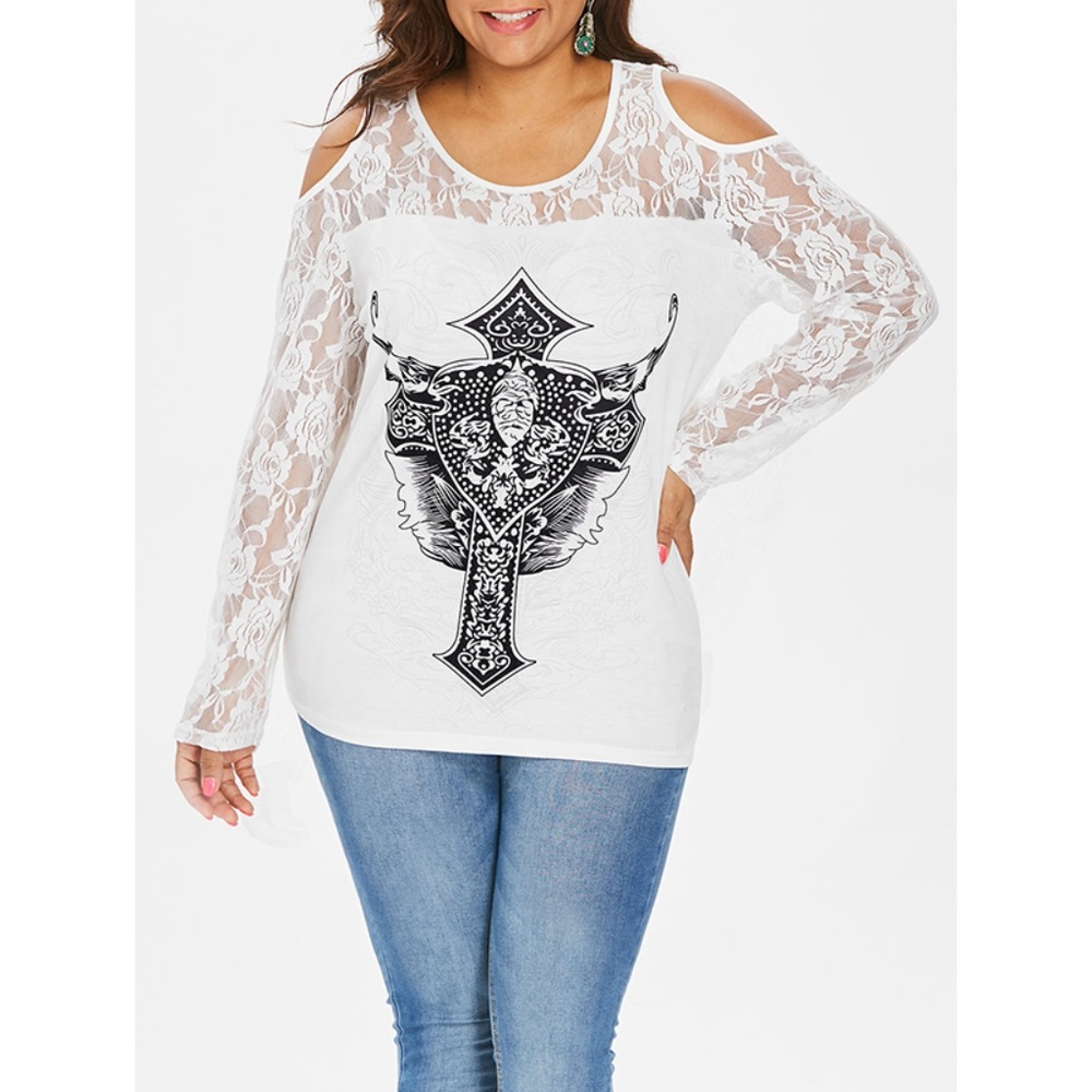 Plus Size Lace Detail Long Sleeve Cross T-shirt